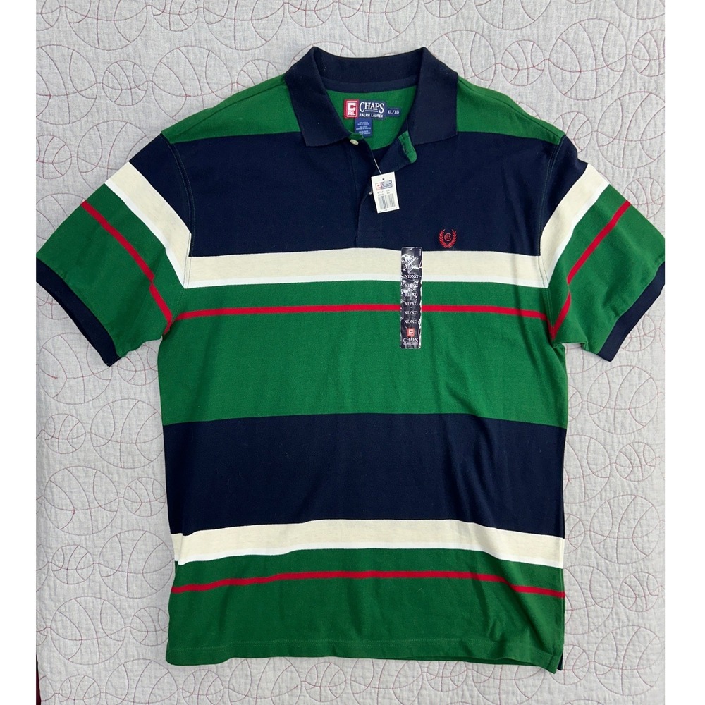 Y2K NOS‎ Chaps Ralph Lauren Polo Shirt Green Navy Striped Short Sleeve / Mens XL